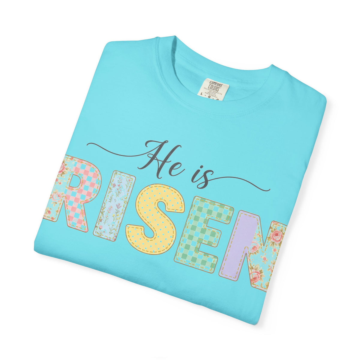 He Is Risen Pastel Patch Shirt, Easter Faux Stitch Letter Tee, Christian Spring Shirt, Easter Gift