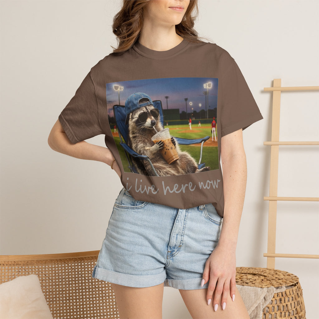I Live Here Now Baseball Raccoon Shirt, Funny Sports Parent Tee, Iced Coffee Raccoon Shirt, Baseball Mom Gift