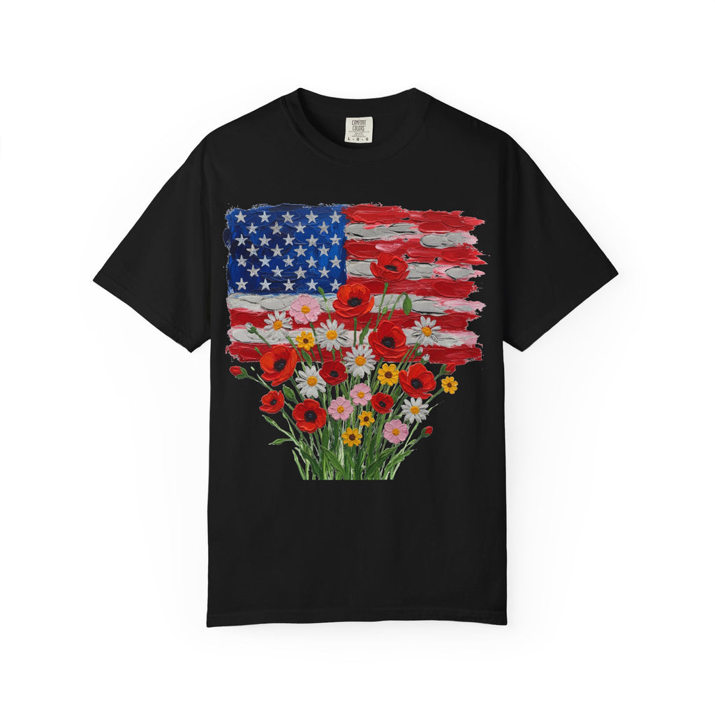 American Flag Poppy Bouquet Shirt, Impasto Patriotic Floral Tee, Memorial Day Shirt, Veterans Gift
