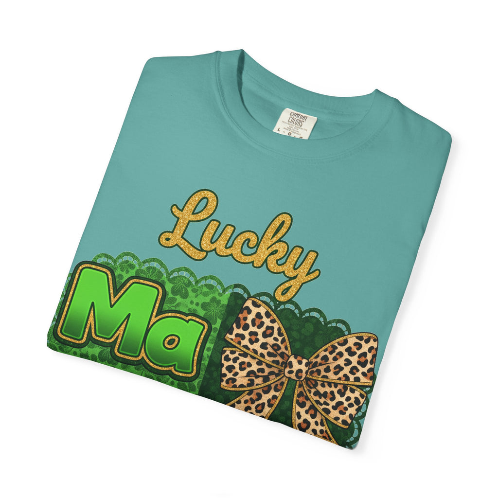 Lucky Mama Quad Shirt, Shamrock Leopard Bow Tee, St Patricks Day Mom Shirt, Irish Mama Gift