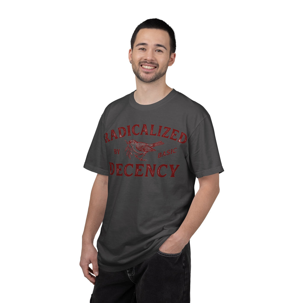 Radicalized By Basic Decency Bold Shirt, Engraved Bird Typography Tee, Kindness Statement Shirt, Protest Gift