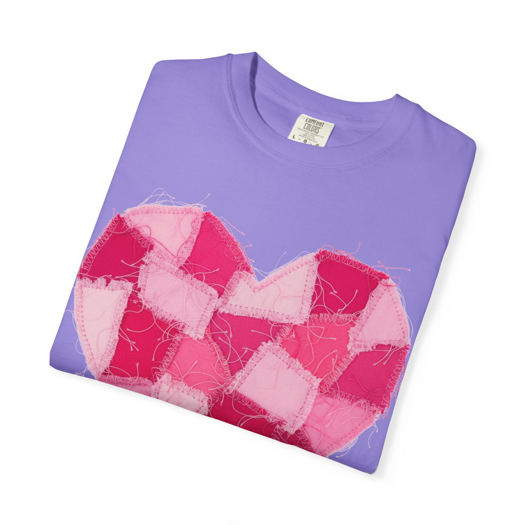 Hot Pink Patchwork Heart Shirt, Checkered Quilt Heart Tee, Frayed Applique Valentine Shirt, Gift For Her