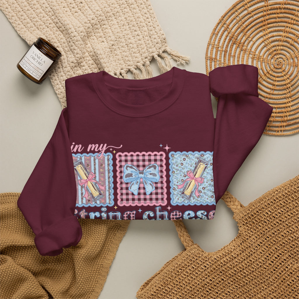 In My String Cheese Era Sweatshirt, Coquette Bow Snack Sweatshirt, Funny Girly Meme Sweatshirt, Pastel Pink Blue Gift for Her, Cute Food Hum