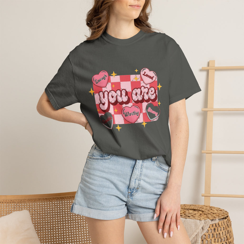 You Are Enough Pink Check Shirt, Affirmation Conversation Heart Tee, Valentines Shirt, Self Love Gift