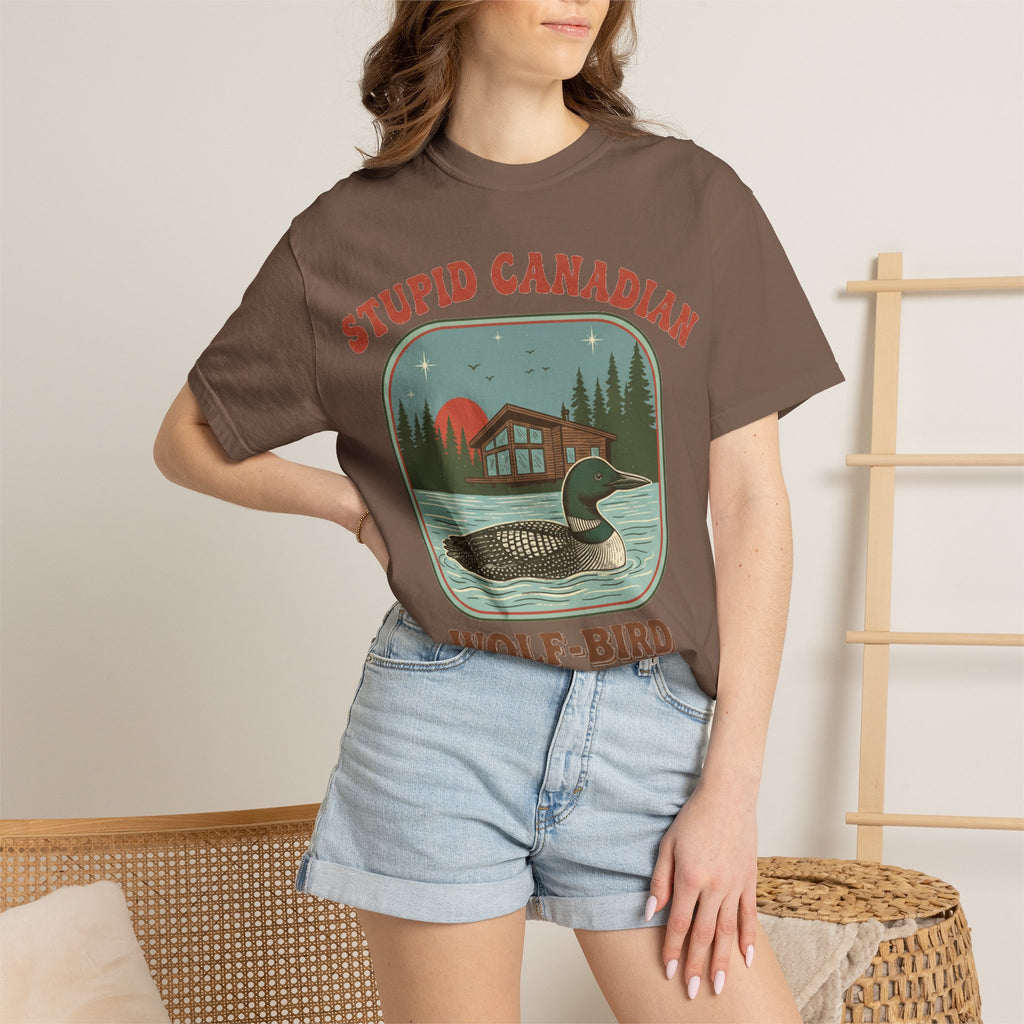 Stupid Canadian Wolf-Bird Arched Shirt, Retro Loon Sunset Badge Tee, Funny Lake Shirt, Cabin Gift