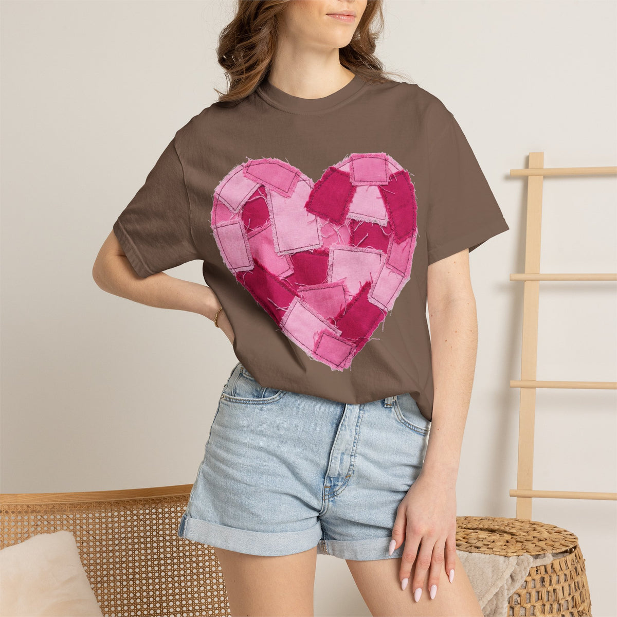 Patchwork Heart Shirt, Frayed Pink Quilt Heart Tee, Shabby Chic Valentine Shirt, Cozy Gift