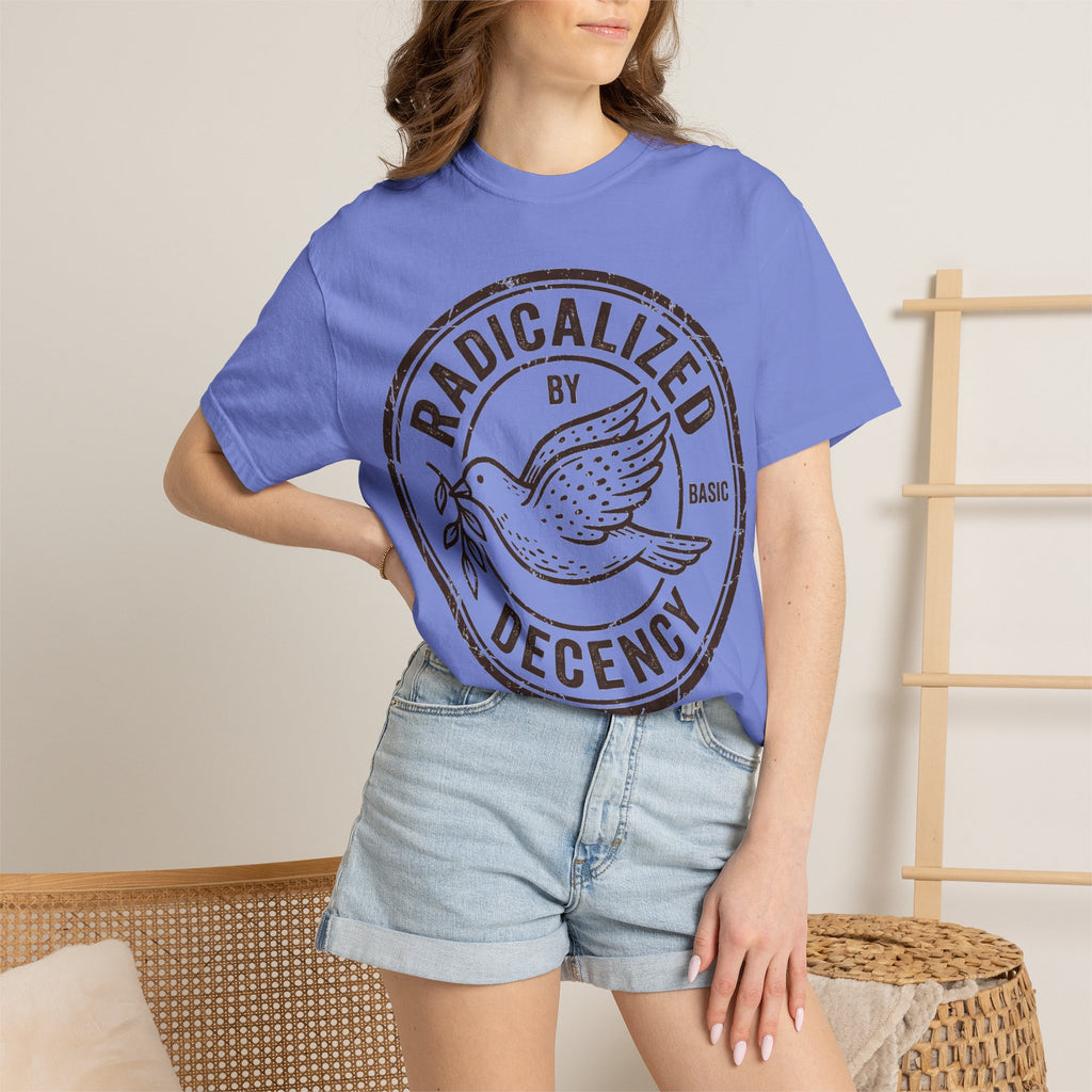 Radicalized By Basic Decency Brown Stamp Shirt, Flying Dove Badge Tee, Kindness Activist Shirt, Ally Gift