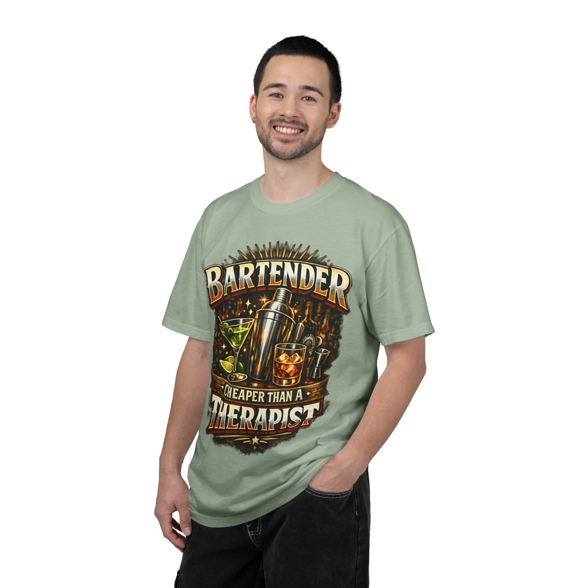 Bartender T-Shirt — "Bartender: Cheaper Than a Therapist" Vintage Bar Graphic Tee