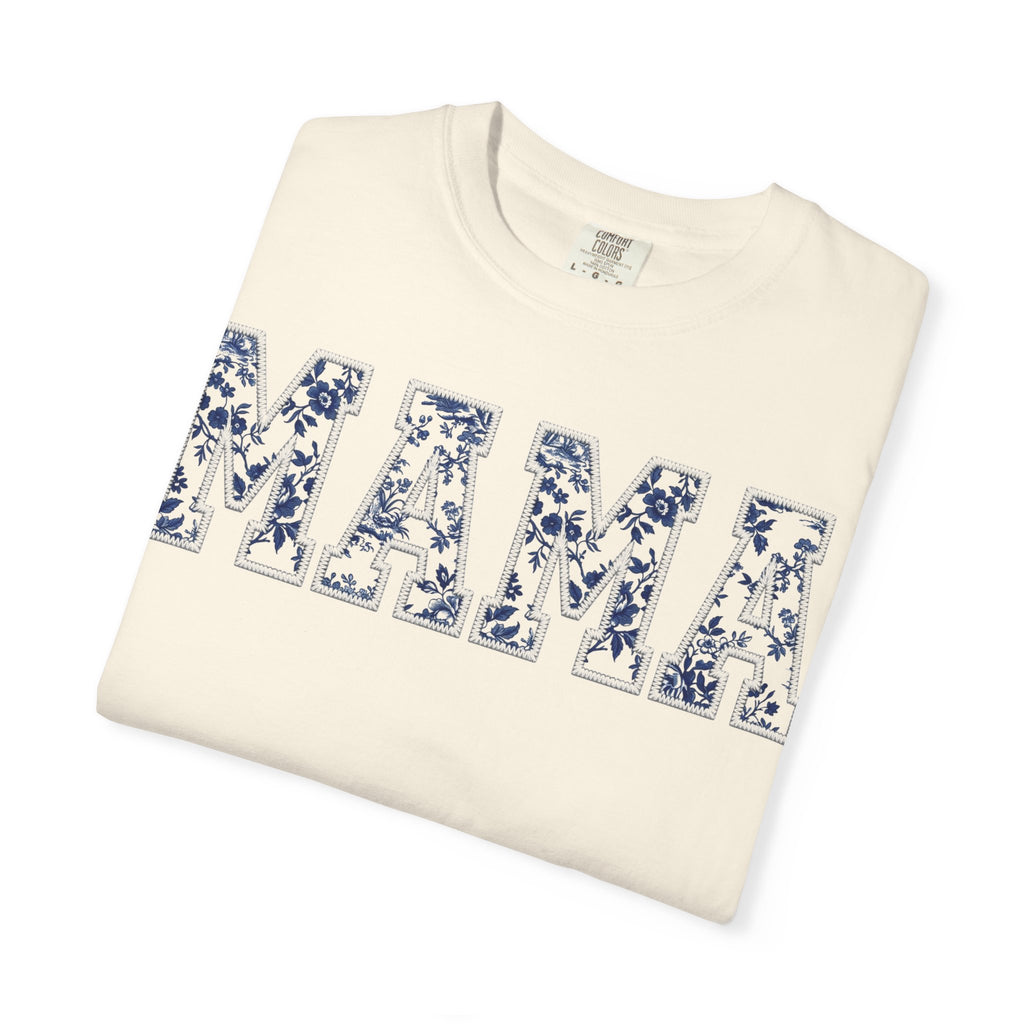 Mama Blue Toile Shirt, Delft Floral Applique Varsity Tee, Chinoiserie Mom Shirt, Mothers Day Gift