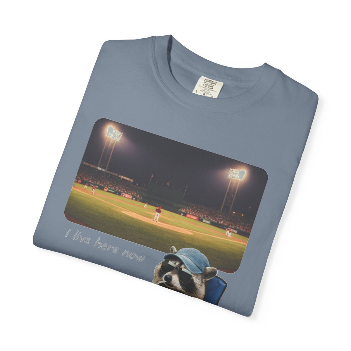 I Live Here Now Ballpark Raccoon Shirt, Funny Baseball Parent Tee, Camp Chair Raccoon Shirt, Sports Mom Gift