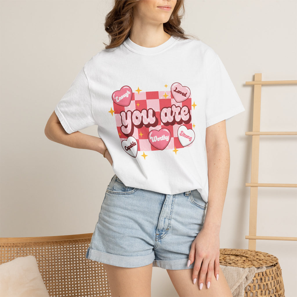 You Are Enough Pink Check Shirt, Affirmation Conversation Heart Tee, Valentines Shirt, Self Love Gift
