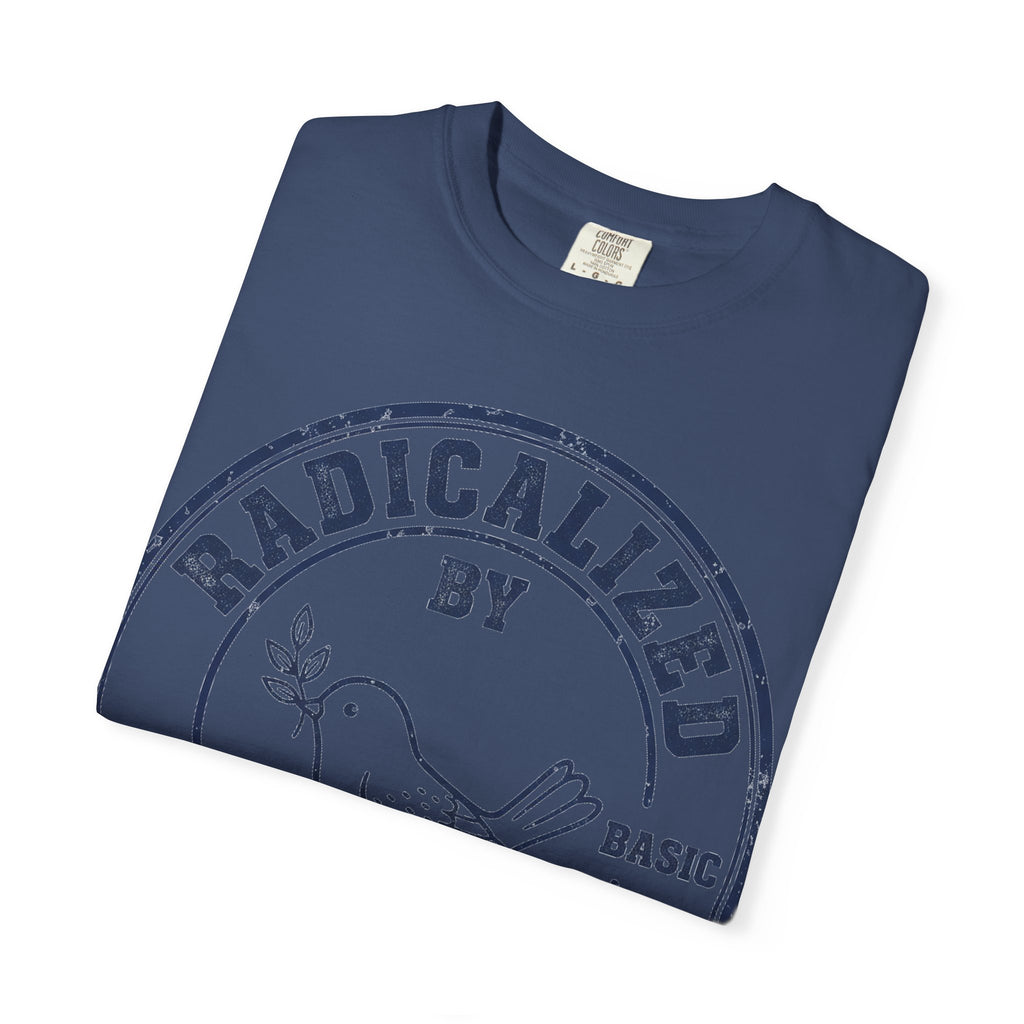 Radicalized By Basic Decency Navy Stamp Shirt, Line Art Dove Badge Tee, Kindness Protest Shirt, Activist Gift