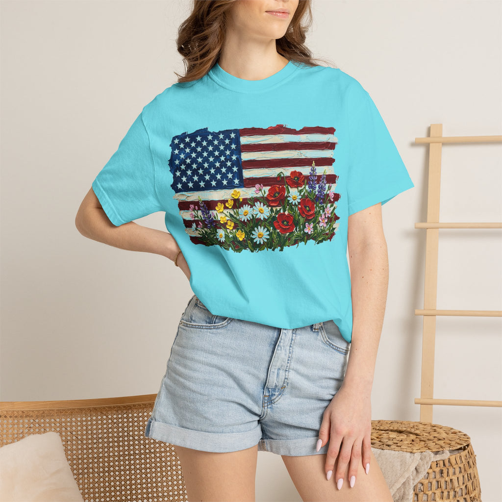 Painted Flag Wildflower Meadow Shirt, Impasto Americana Floral Tee, Patriotic Shirt, Independence Day Gift