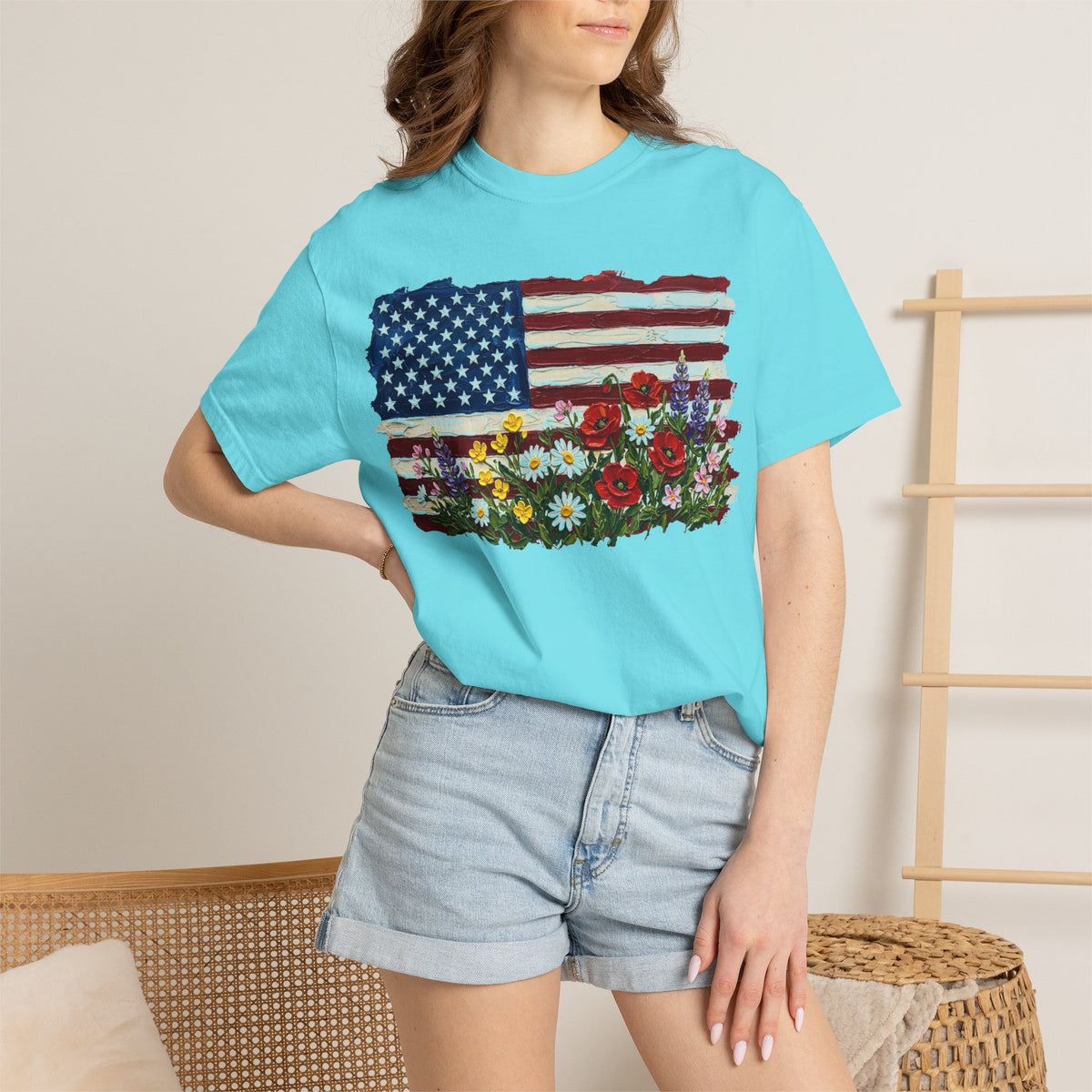 Painted Flag Wildflower Meadow Shirt, Impasto Americana Floral Tee, Patriotic Shirt, Independence Day Gift