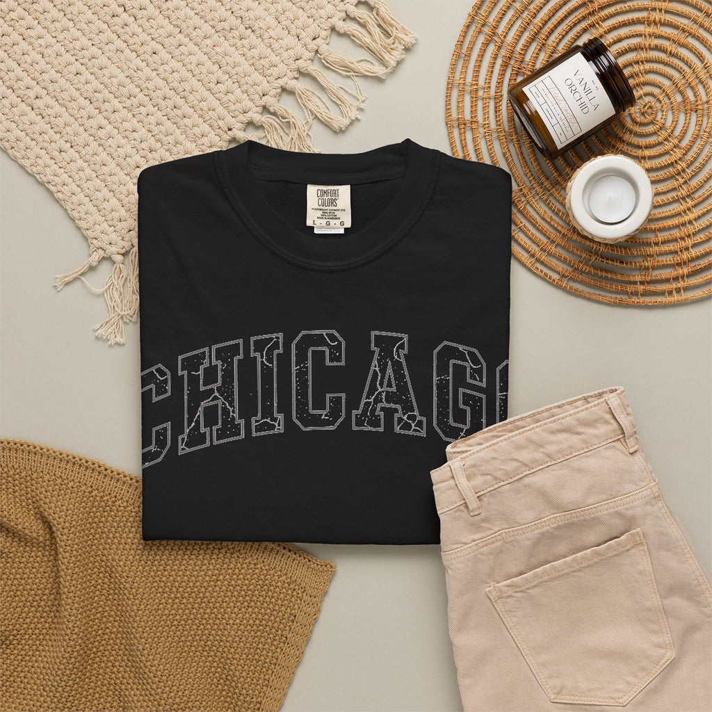 Chicago Outline Varsity Shirt, Minimal Distressed Chicago Tee, Windy City Shirt, Chicago Gift