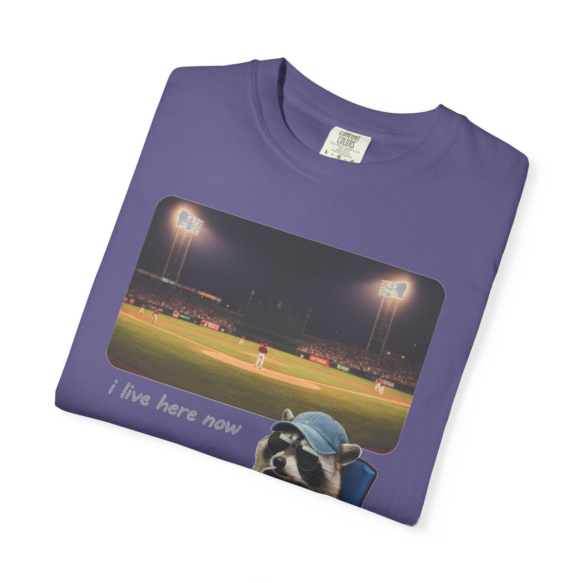 I Live Here Now Ballpark Raccoon Shirt, Funny Baseball Parent Tee, Camp Chair Raccoon Shirt, Sports Mom Gift