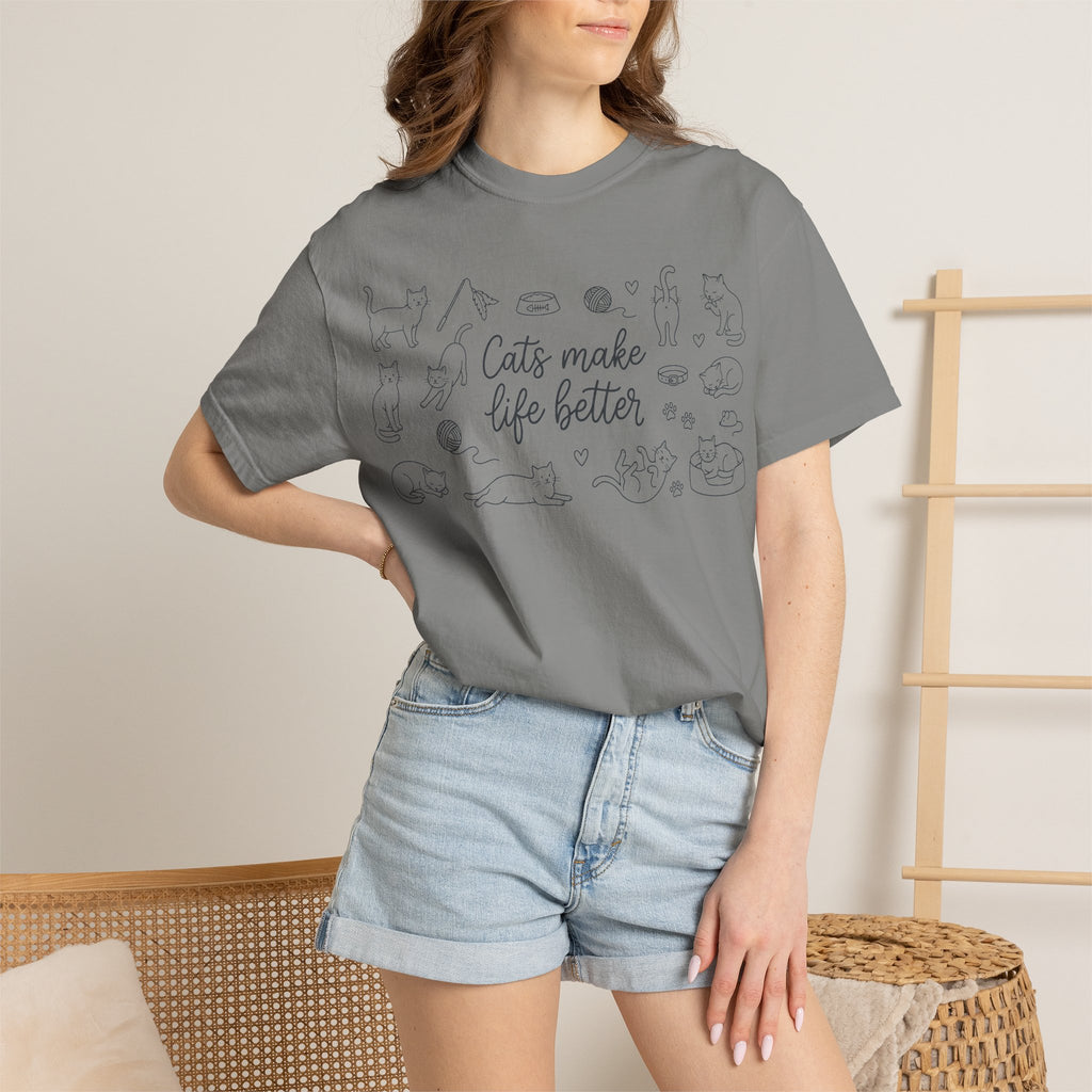 Cats Make Life Better Wide Shirt, Scattered Cat Doodle Tee, Minimal Cat Lover Shirt, Cat Owner Gift