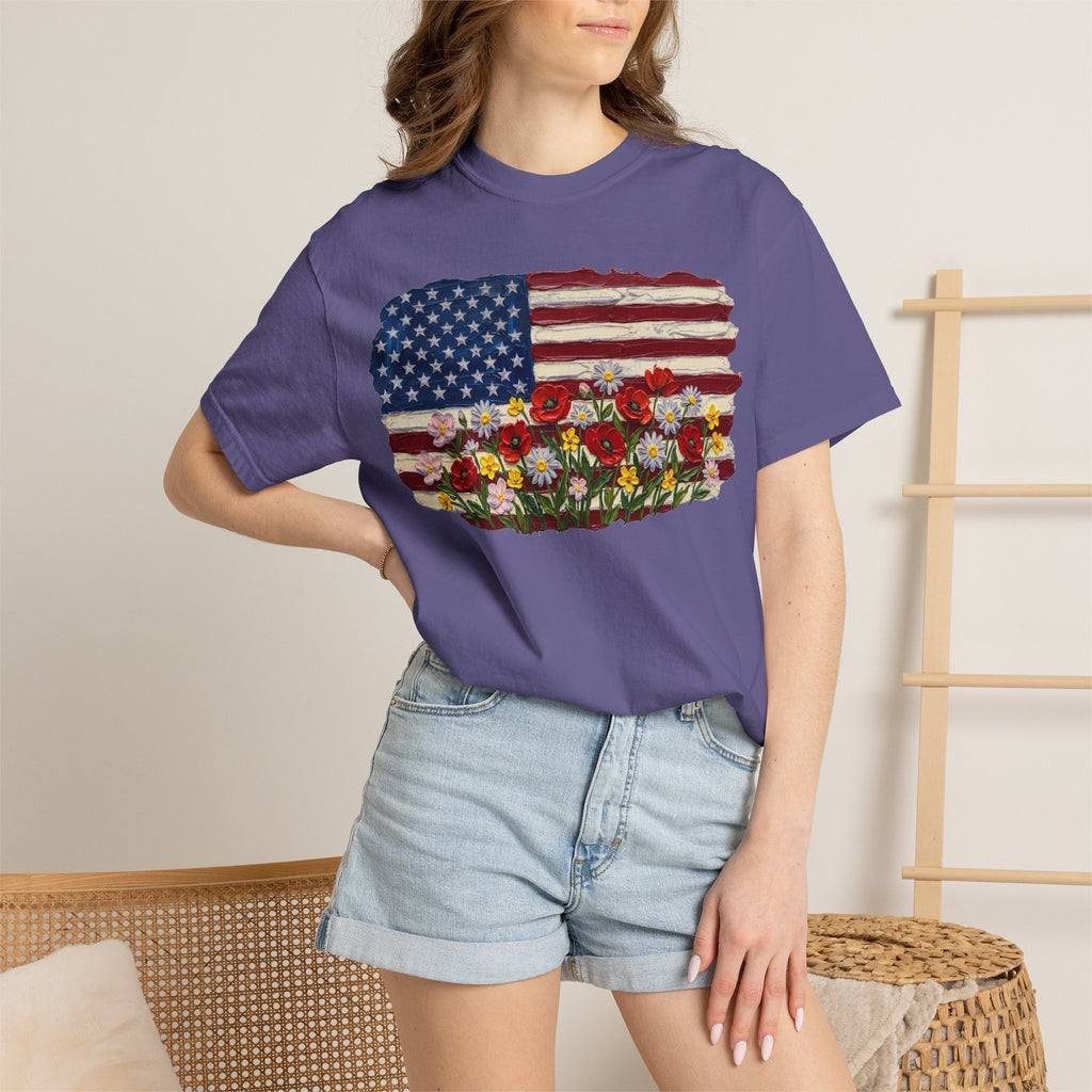 Impasto American Flag Wildflowers Shirt, Painted Flag Floral Tee, Patriotic Garden Shirt, Fourth Of July Gift