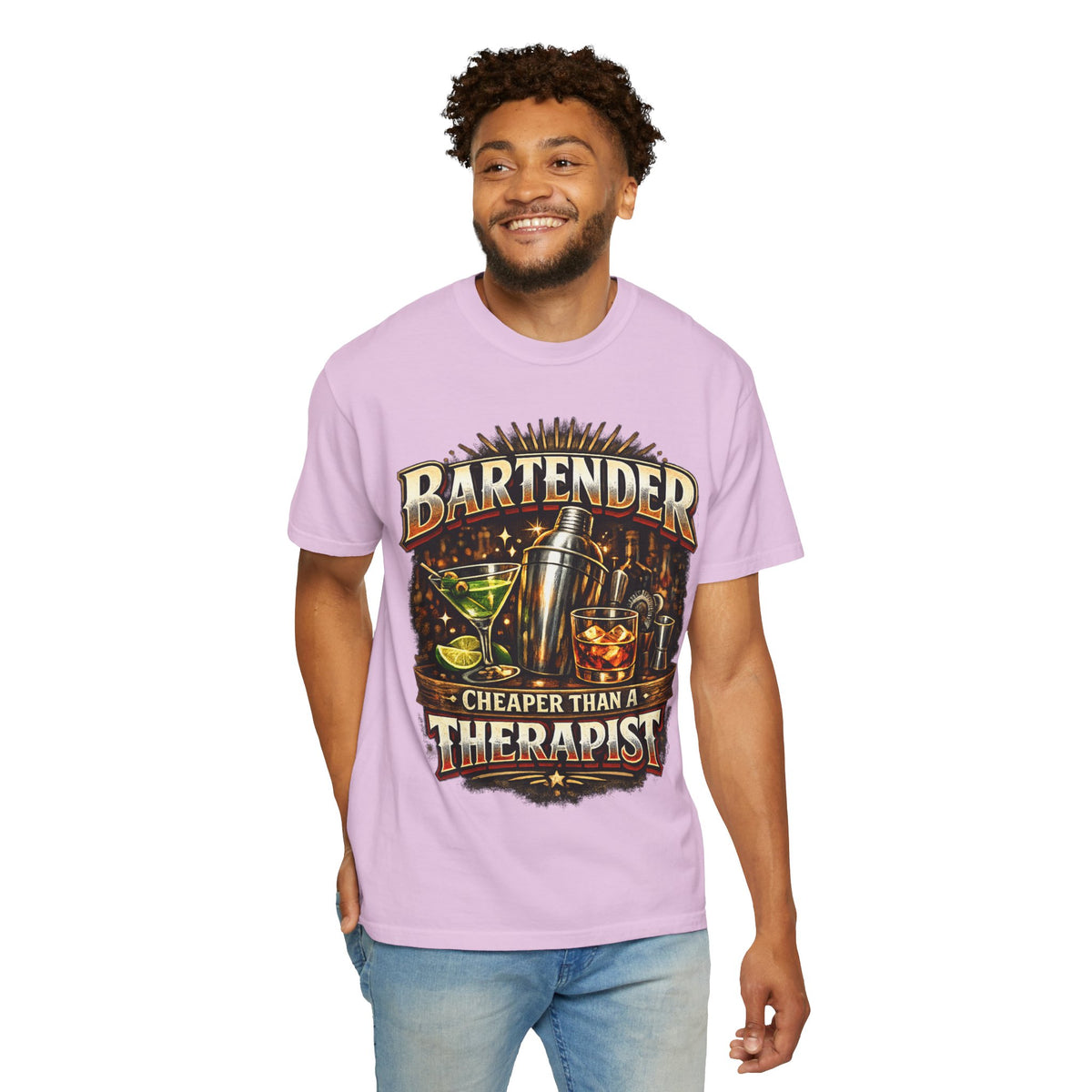 Bartender T-Shirt — "Bartender: Cheaper Than a Therapist" Vintage Bar Graphic Tee