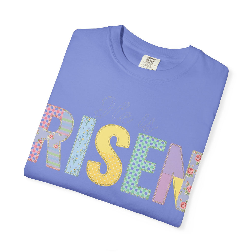 He Is Risen Patchwork Shirt, Faux Applique Easter Tee, Gingham Floral Christian Shirt, Easter Gift