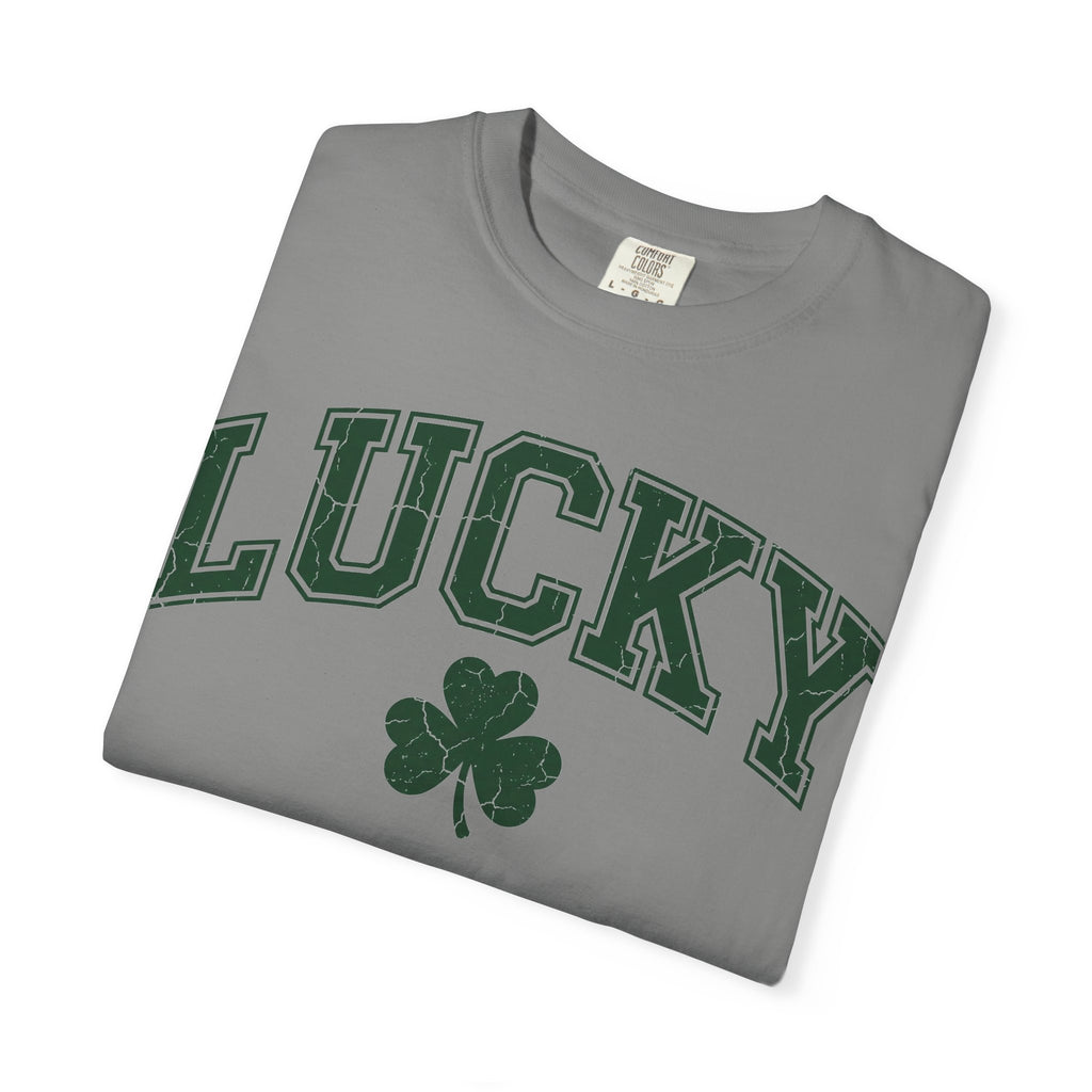 Lucky Shamrock Varsity Shirt, Distressed Green Clover Tee, St Patricks Day Collegiate Shirt, Irish Gift
