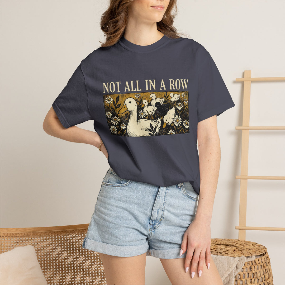 Not All In A Row Shirt, Woodcut Duck And Daisies Tee, Vintage Block Print Shirt, Funny Duck Gift