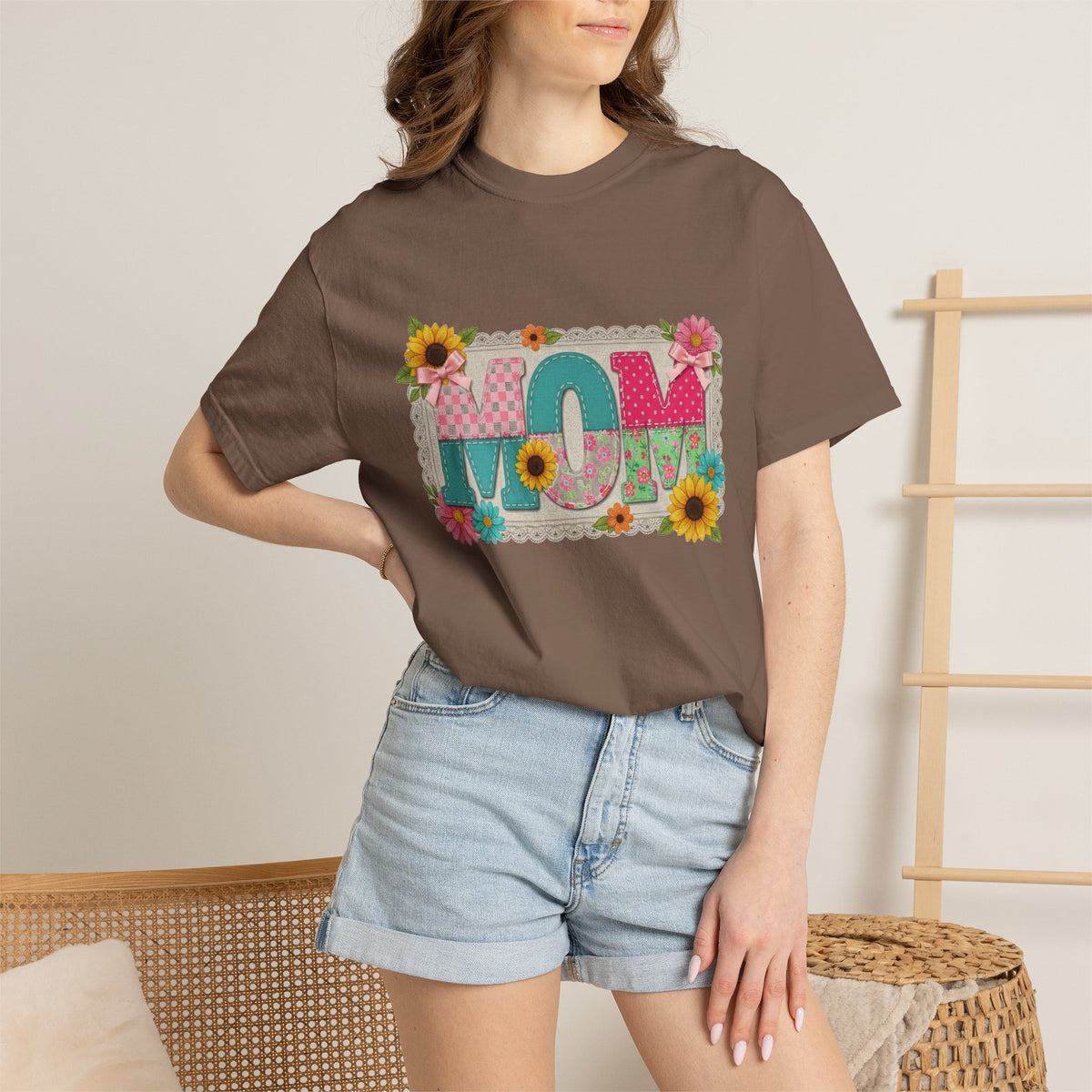 Mom Sunflower Applique Shirt, Faux Stitch Floral MOM Tee, Mothers Day Shirt, Mom Gift