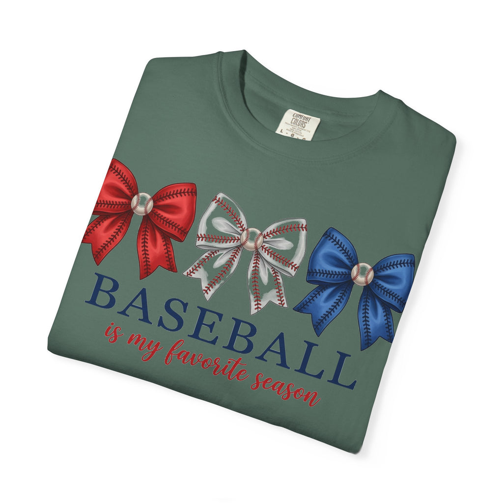 Baseball Is My Favorite Season Tee, Small Bow Trio Baseball Shirt, Coquette Sports Mom Shirt, Game Day Gift