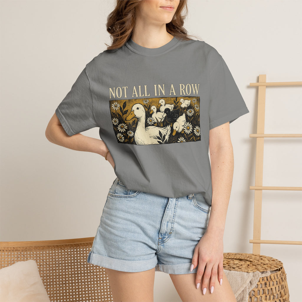 Not All In A Row Shirt, Woodcut Duck And Daisies Tee, Vintage Block Print Shirt, Funny Duck Gift