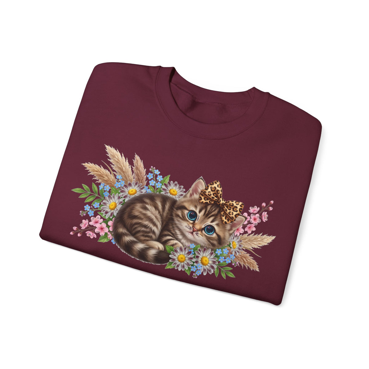 Cute Kitten Sweatshirt, Leopard Bow Floral Cat Sweatshirt, Coquette Cat Lover Gift, Tabby Kitten Pampas Flowers Sweatshirt, Cat Mom Boho Swe