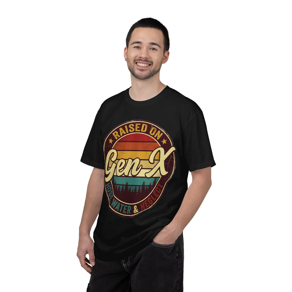 Gen X Retro Badge T-Shirt — "Raised on Gen-X" Vintage Sunset Tee