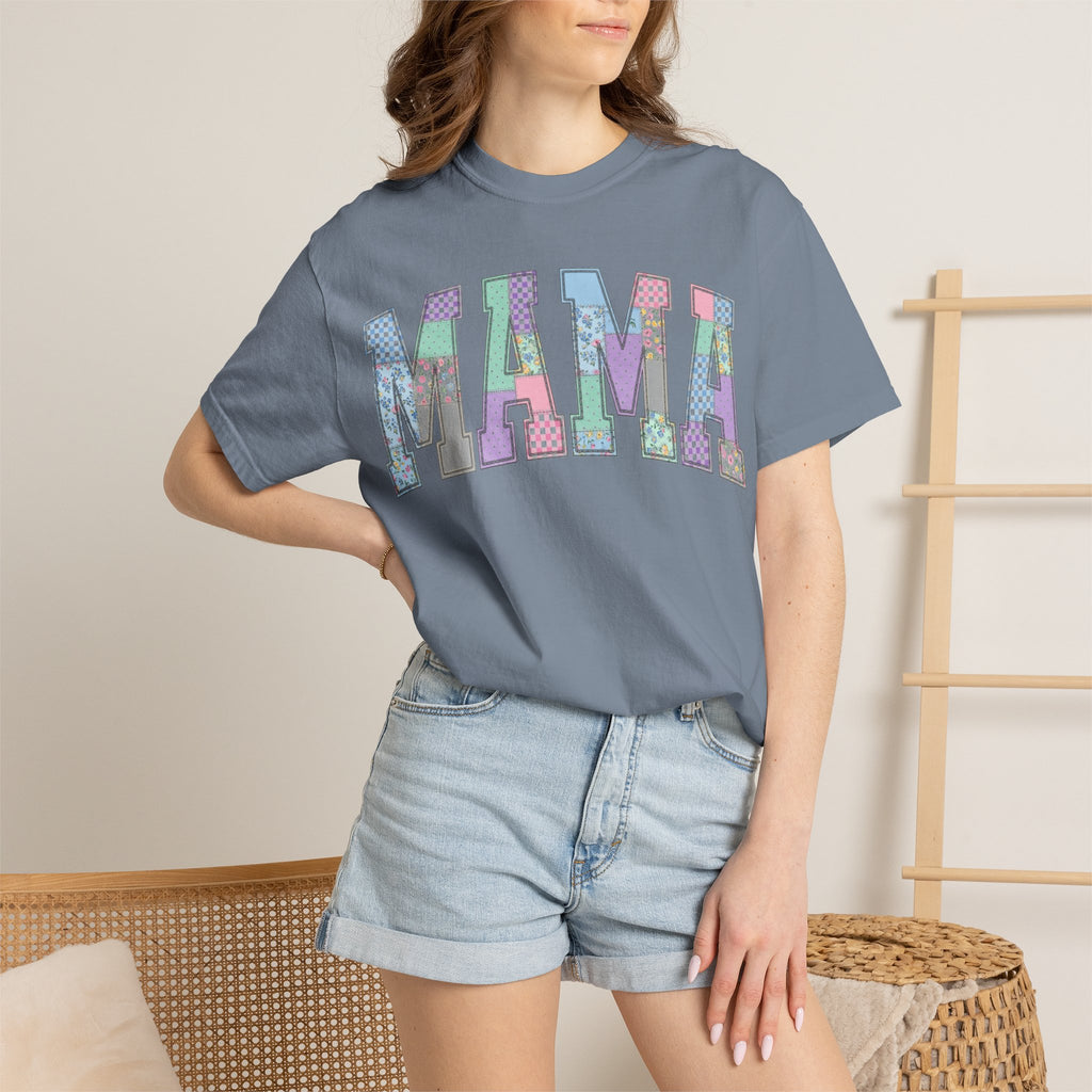 Mama Arched Patchwork Shirt, Pastel Quilt Letter Tee, Cottagecore Mom Shirt, Mothers Day Gift