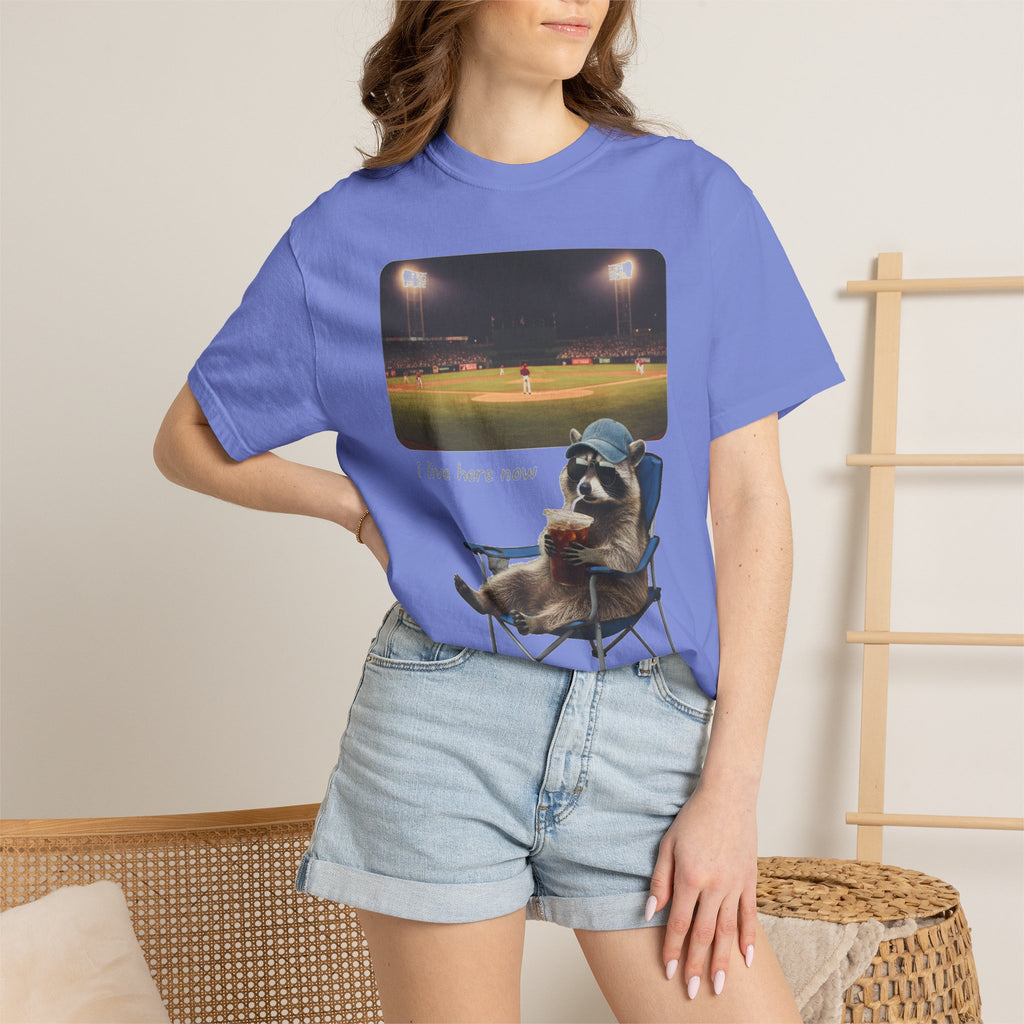 I Live Here Now Ballpark Raccoon Shirt, Funny Baseball Parent Tee, Camp Chair Raccoon Shirt, Sports Mom Gift