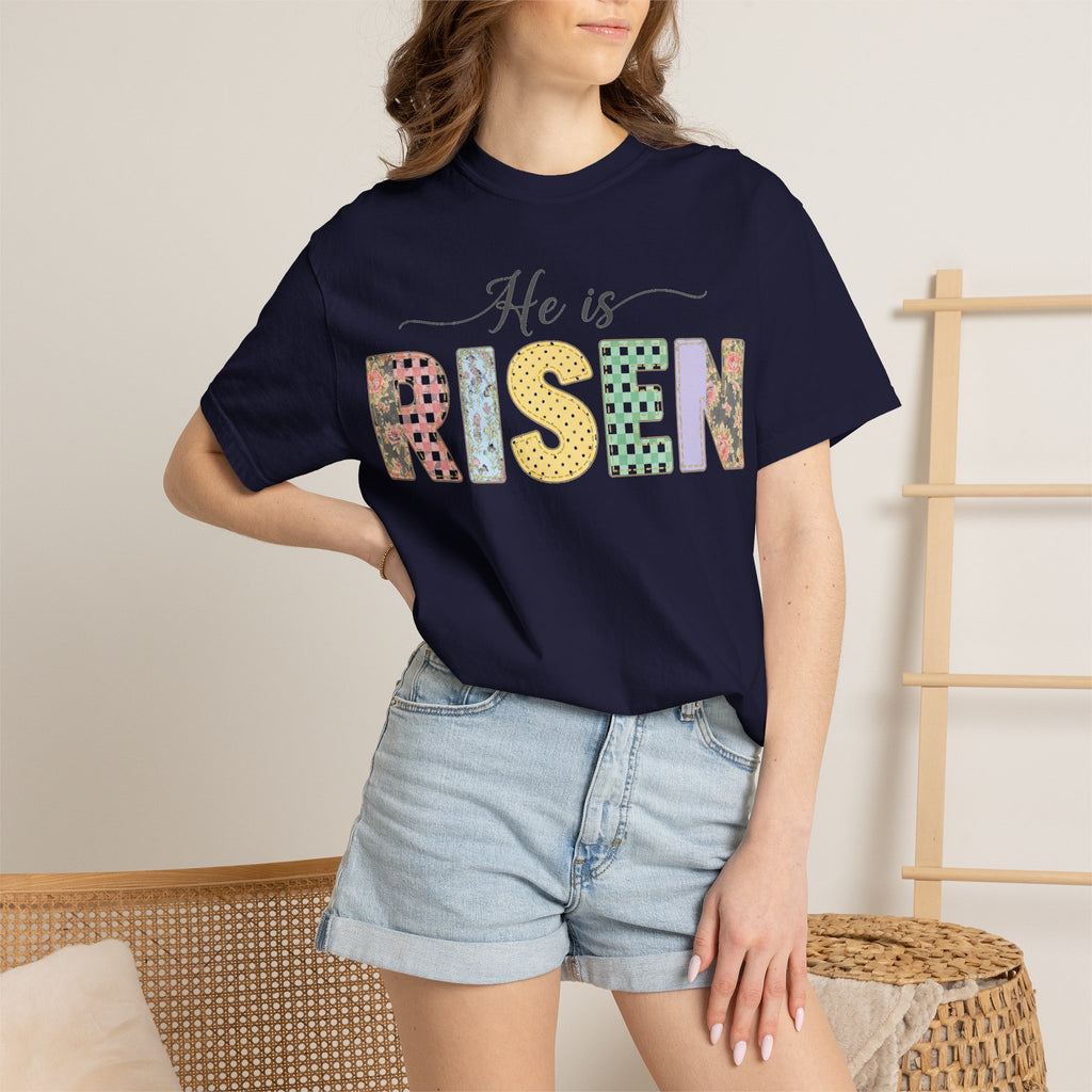 He Is Risen Pastel Patch Shirt, Easter Faux Stitch Letter Tee, Christian Spring Shirt, Easter Gift