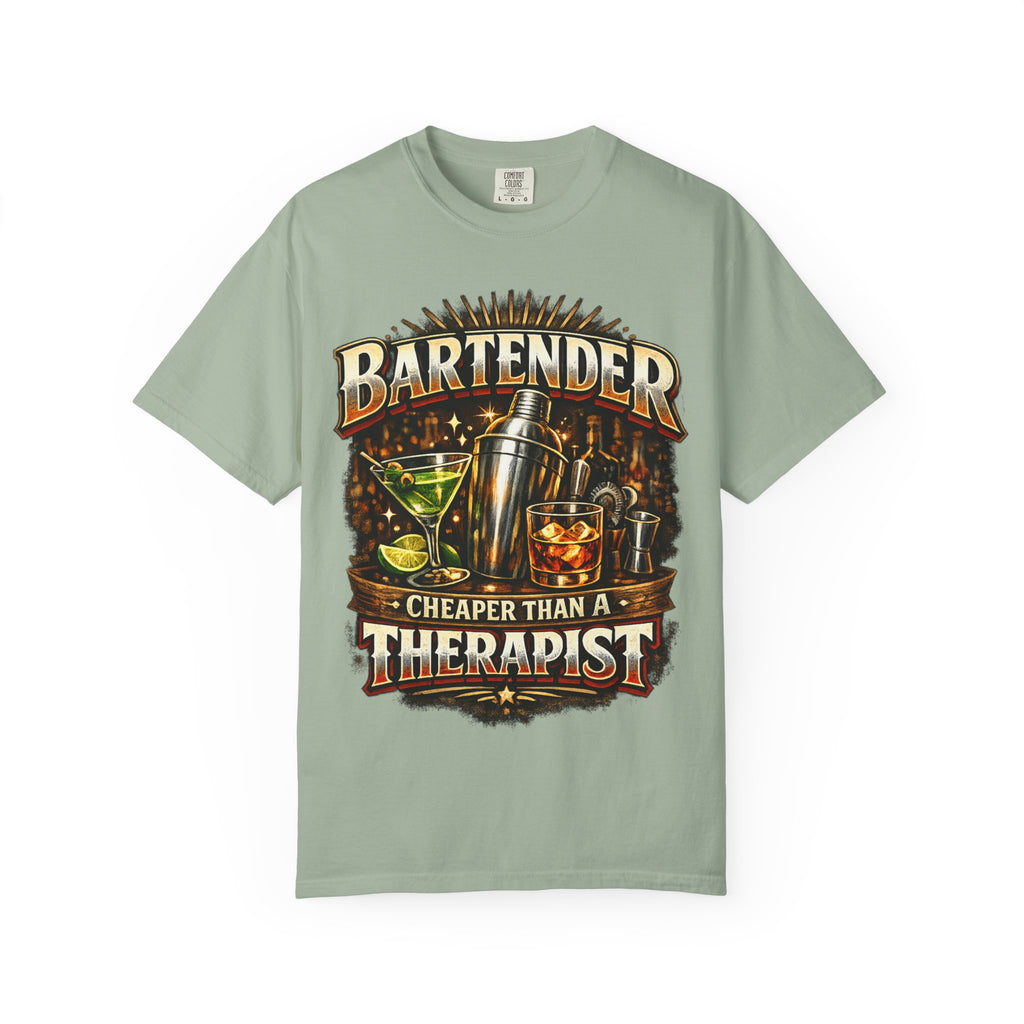 Bartender T-Shirt — "Bartender: Cheaper Than a Therapist" Vintage Bar Graphic Tee