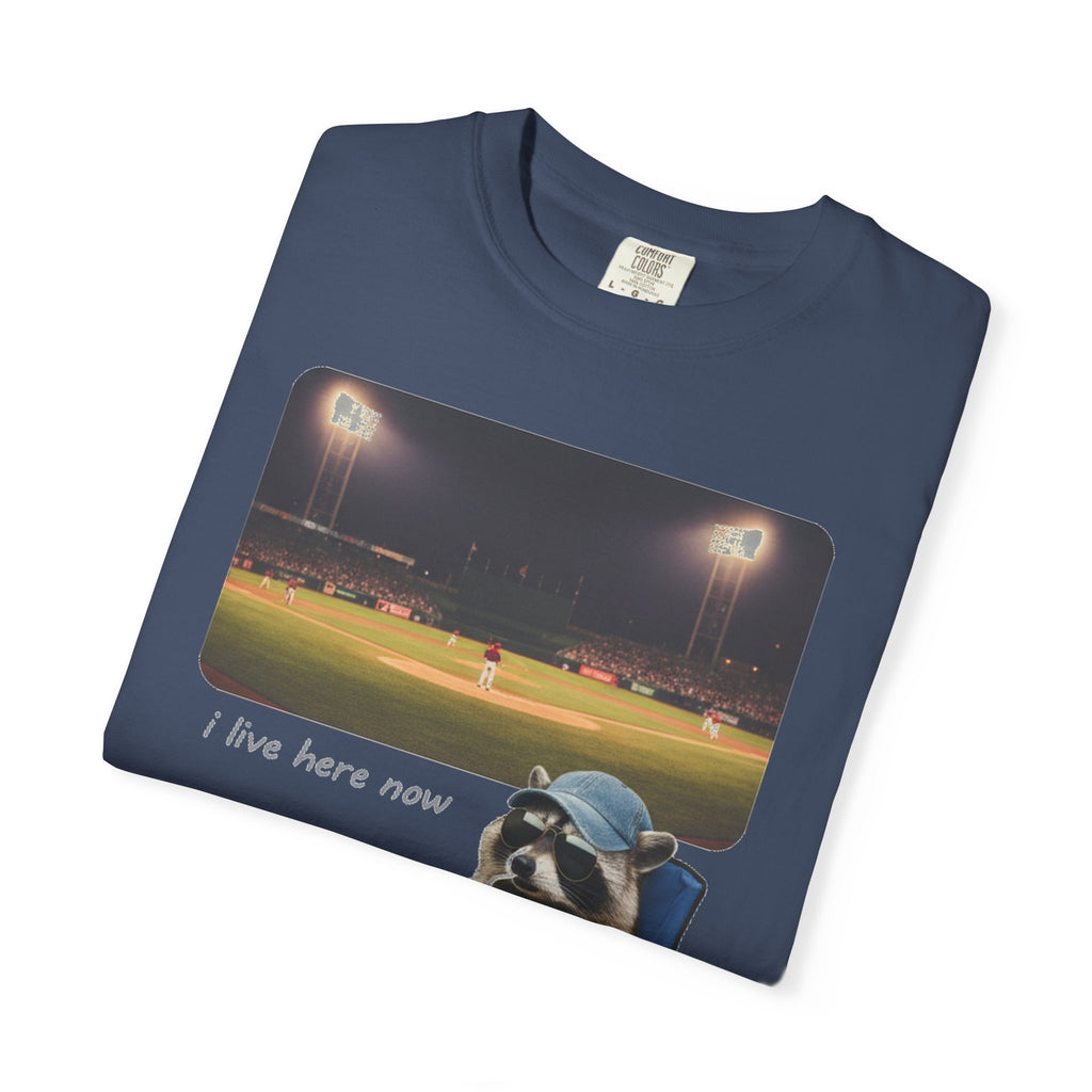 I Live Here Now Ballpark Raccoon Shirt, Funny Baseball Parent Tee, Camp Chair Raccoon Shirt, Sports Mom Gift