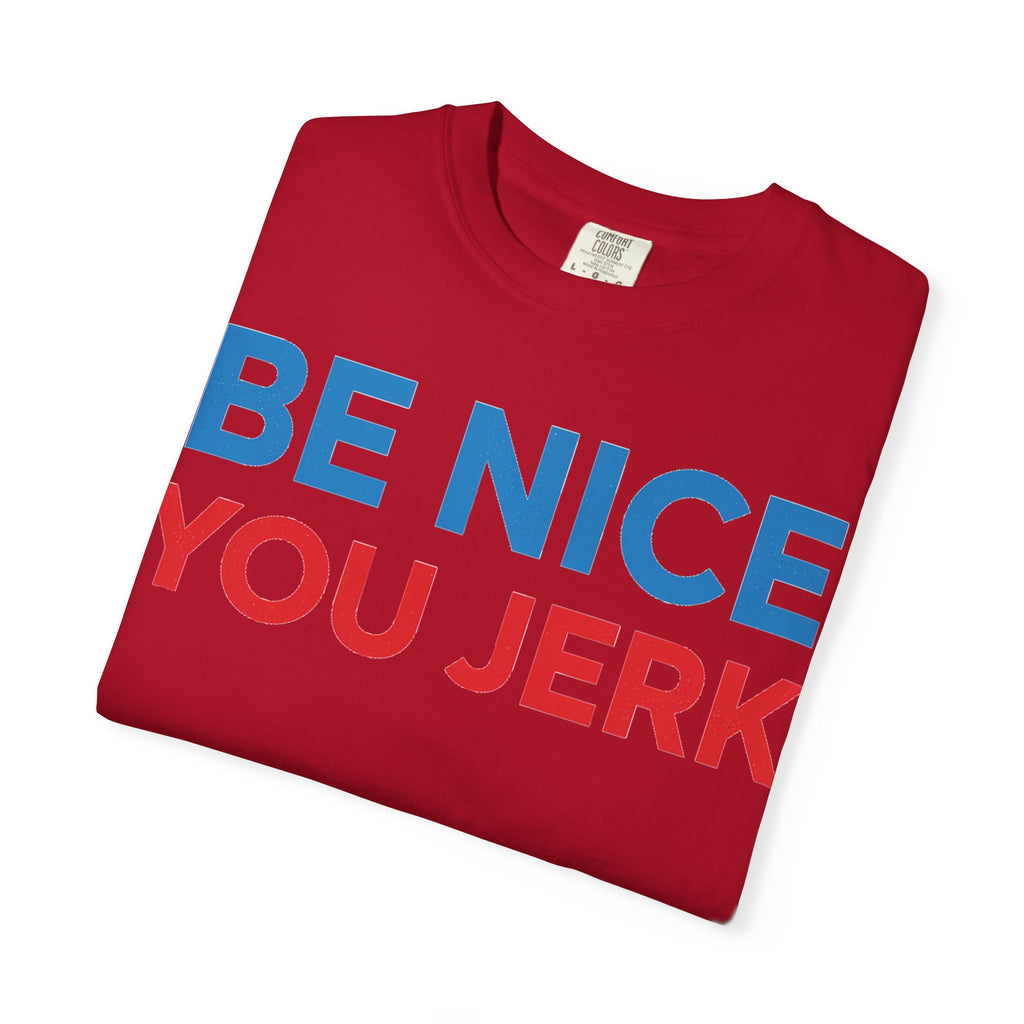 Be Nice You Jerk Wide Shirt, Funny Sarcastic Saying Tee, Light Blue And Red Shirt, Funny Friend Gift