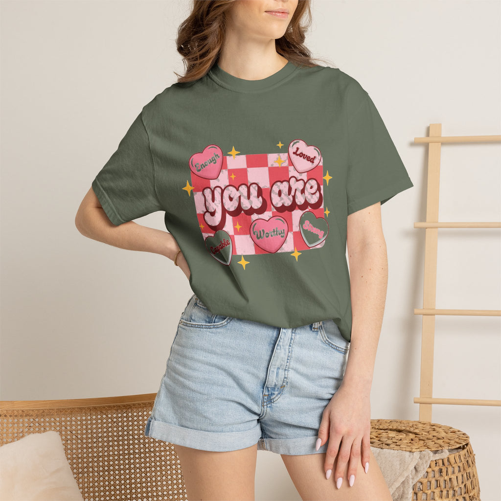 You Are Enough Pink Check Shirt, Affirmation Conversation Heart Tee, Valentines Shirt, Self Love Gift