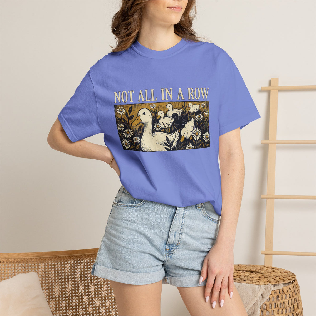 Not All In A Row Shirt, Woodcut Duck And Daisies Tee, Vintage Block Print Shirt, Funny Duck Gift