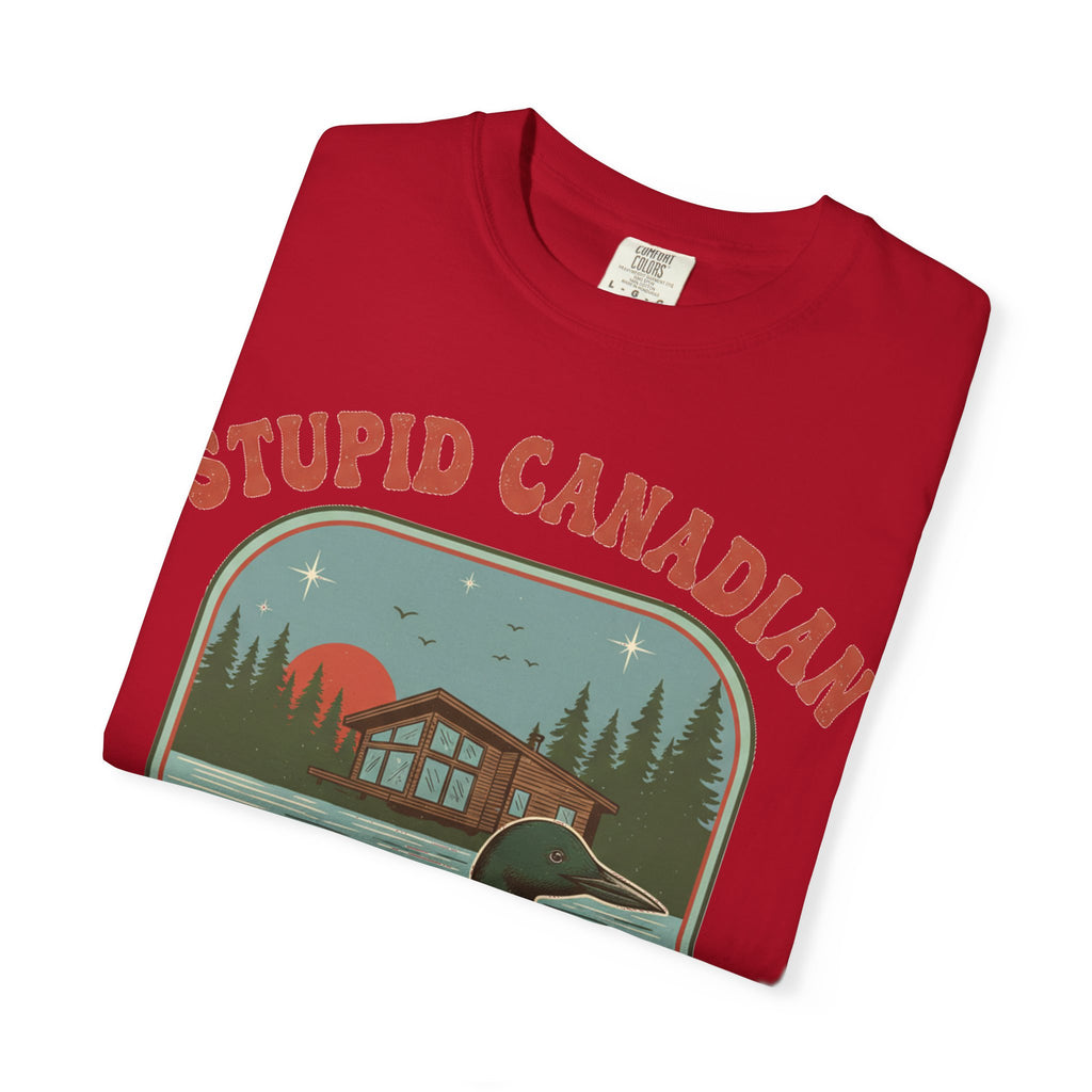Stupid Canadian Wolf-Bird Arched Shirt, Retro Loon Sunset Badge Tee, Funny Lake Shirt, Cabin Gift