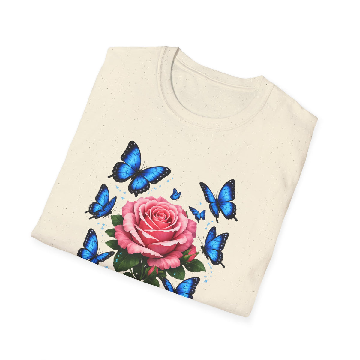 Rose and Blue Butterflies T-Shirt — Floral Garden Tee for Spring & Gifts