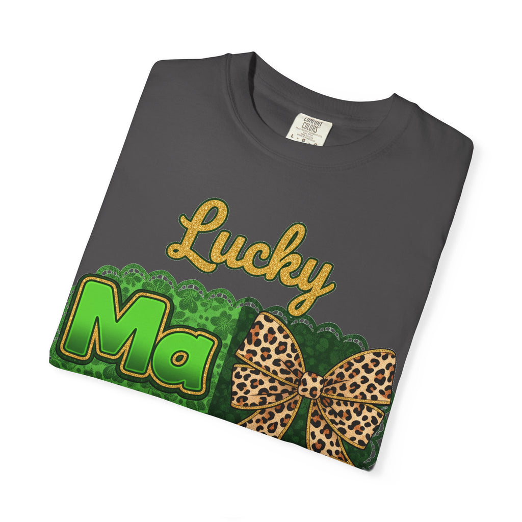 Lucky Mama Quad Shirt, Shamrock Leopard Bow Tee, St Patricks Day Mom Shirt, Irish Mama Gift