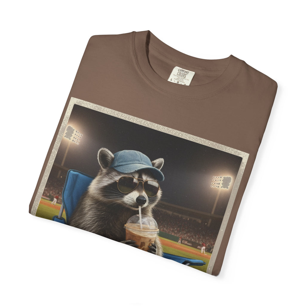 Baseball Raccoon Shirt, I Live Here Now Tee, Funny Ballpark Iced Coffee Shirt, Baseball Mom Gift