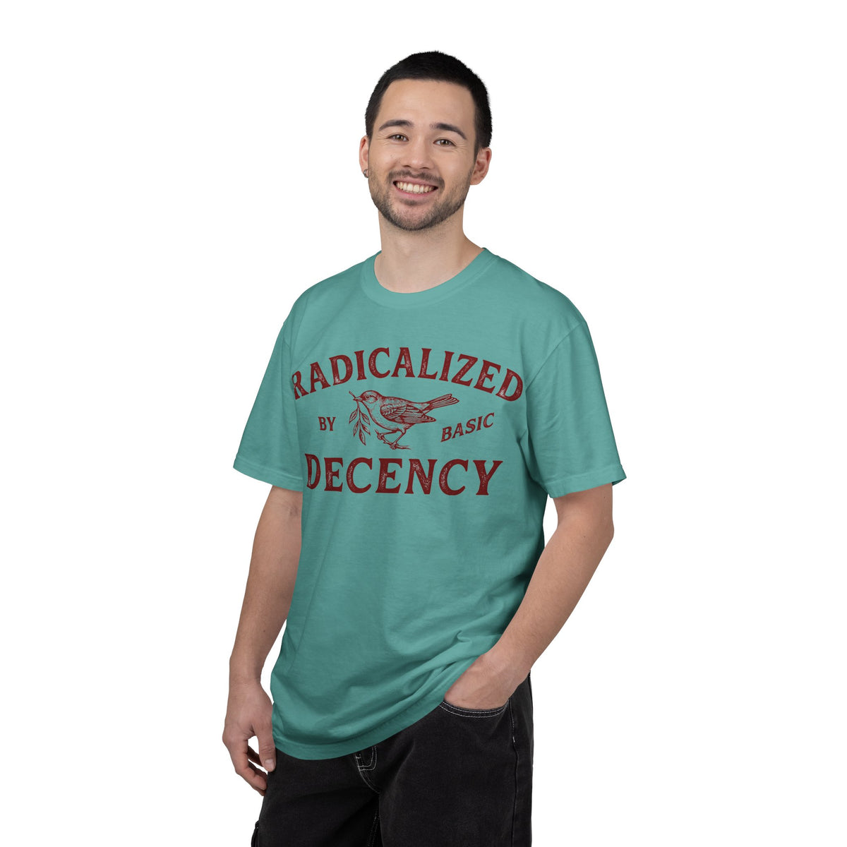 Radicalized By Basic Decency Bold Shirt, Engraved Bird Typography Tee, Kindness Statement Shirt, Protest Gift