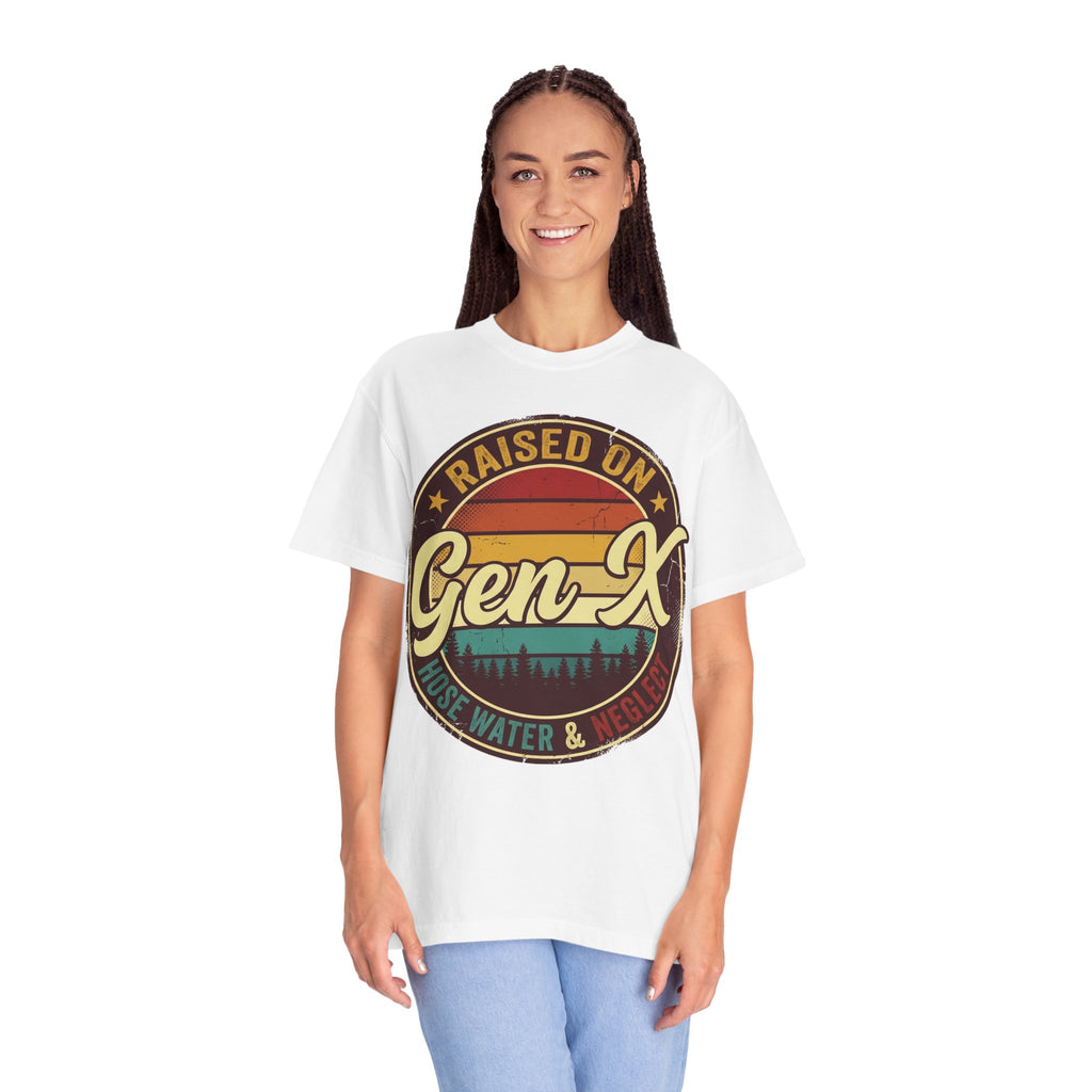 Gen X Retro Badge T-Shirt — "Raised on Gen-X" Vintage Sunset Tee