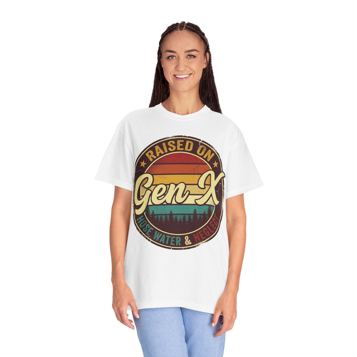 Gen X Retro Badge T-Shirt — "Raised on Gen-X" Vintage Sunset Tee