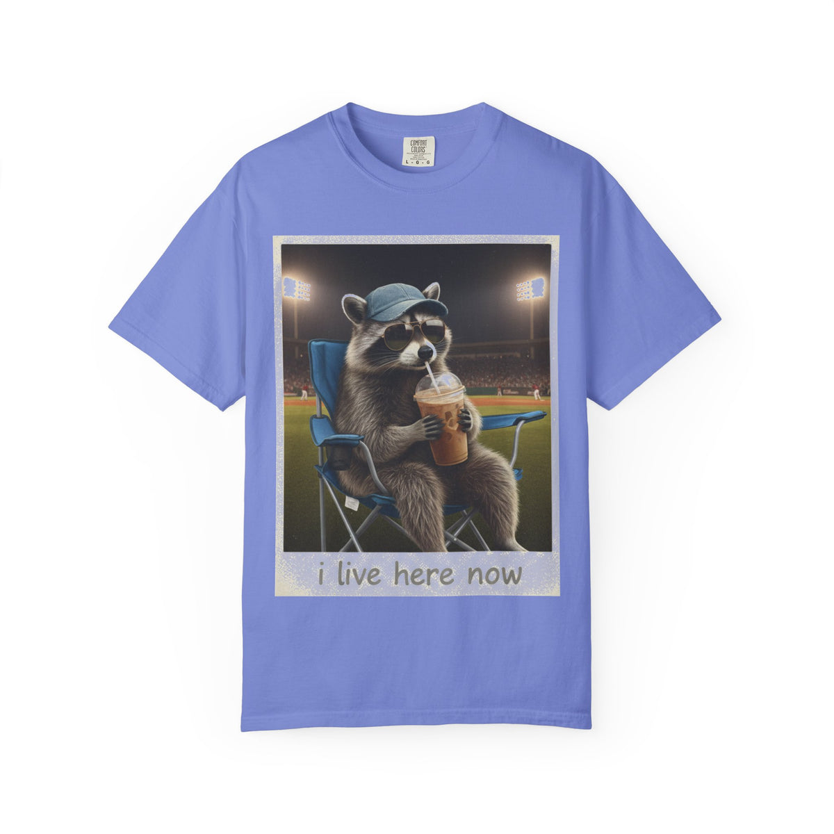 Baseball Raccoon Shirt, I Live Here Now Tee, Funny Ballpark Iced Coffee Shirt, Baseball Mom Gift