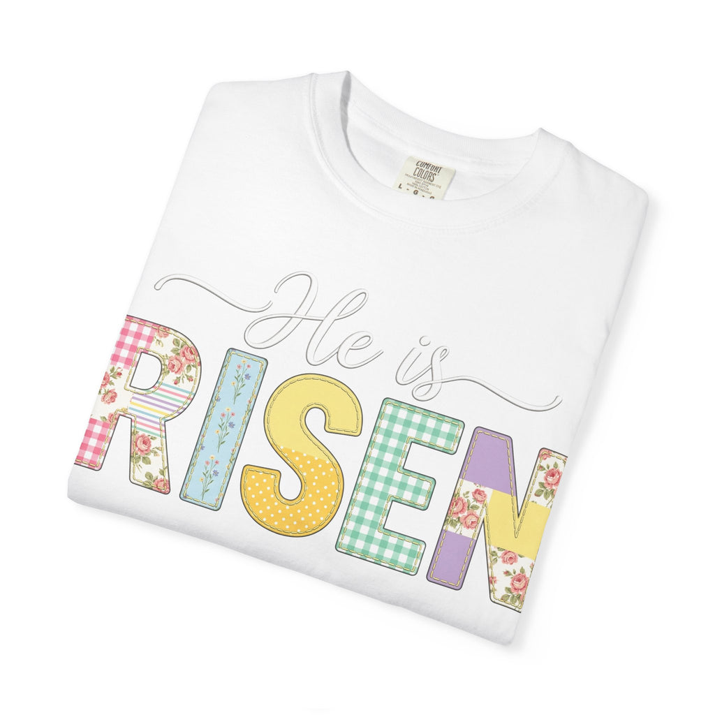 He Is Risen Floral Applique Shirt, Rose Gingham Easter Tee, Christian Patchwork Shirt, Easter Gift
