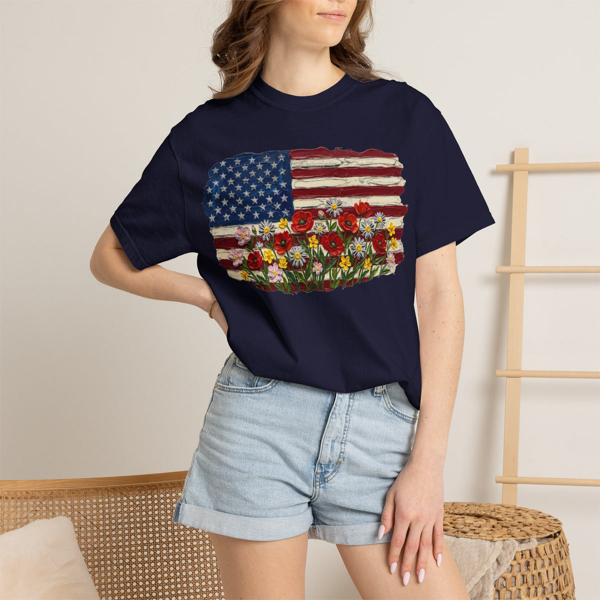 Impasto American Flag Wildflowers Shirt, Painted Flag Floral Tee, Patriotic Garden Shirt, Fourth Of July Gift