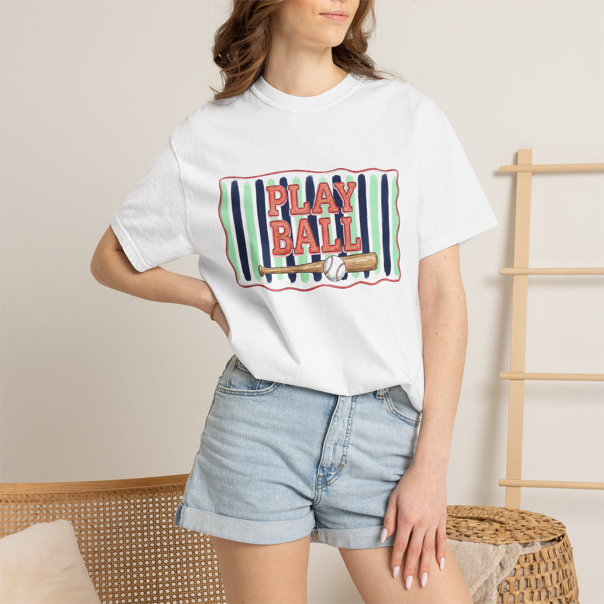 Play Ball Shirt, Painted Stripe Baseball Tee, Vintage Baseball Mom Shirt, Game Day Gift